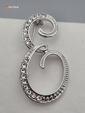 Silver Tone Rhinestone Letter E Initial Brooch Pin Cursive Personalized Sparkly